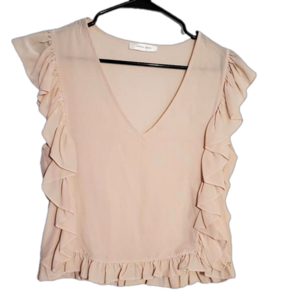 Anine Bing Pink Ruffle Sleeveless Vneck Silk Career Top